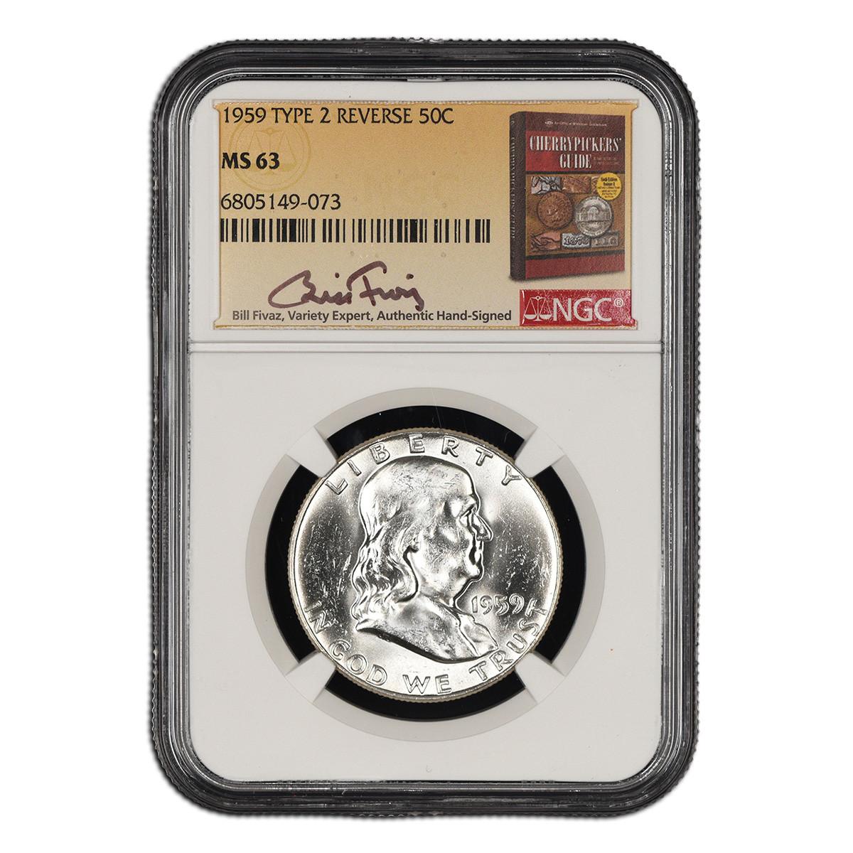 1959 Franklin Half Dollar NGC MS63 Type 2 Reverse - Fivaz Signed Questions & Answers