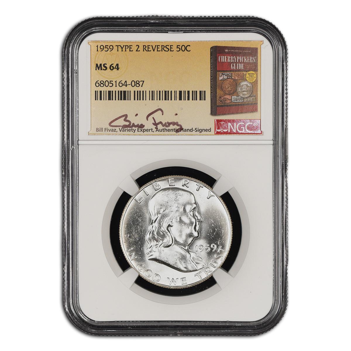 1959 Franklin Half Dollar NGC MS64 Type 2 Reverse - Fivaz Signed Questions & Answers