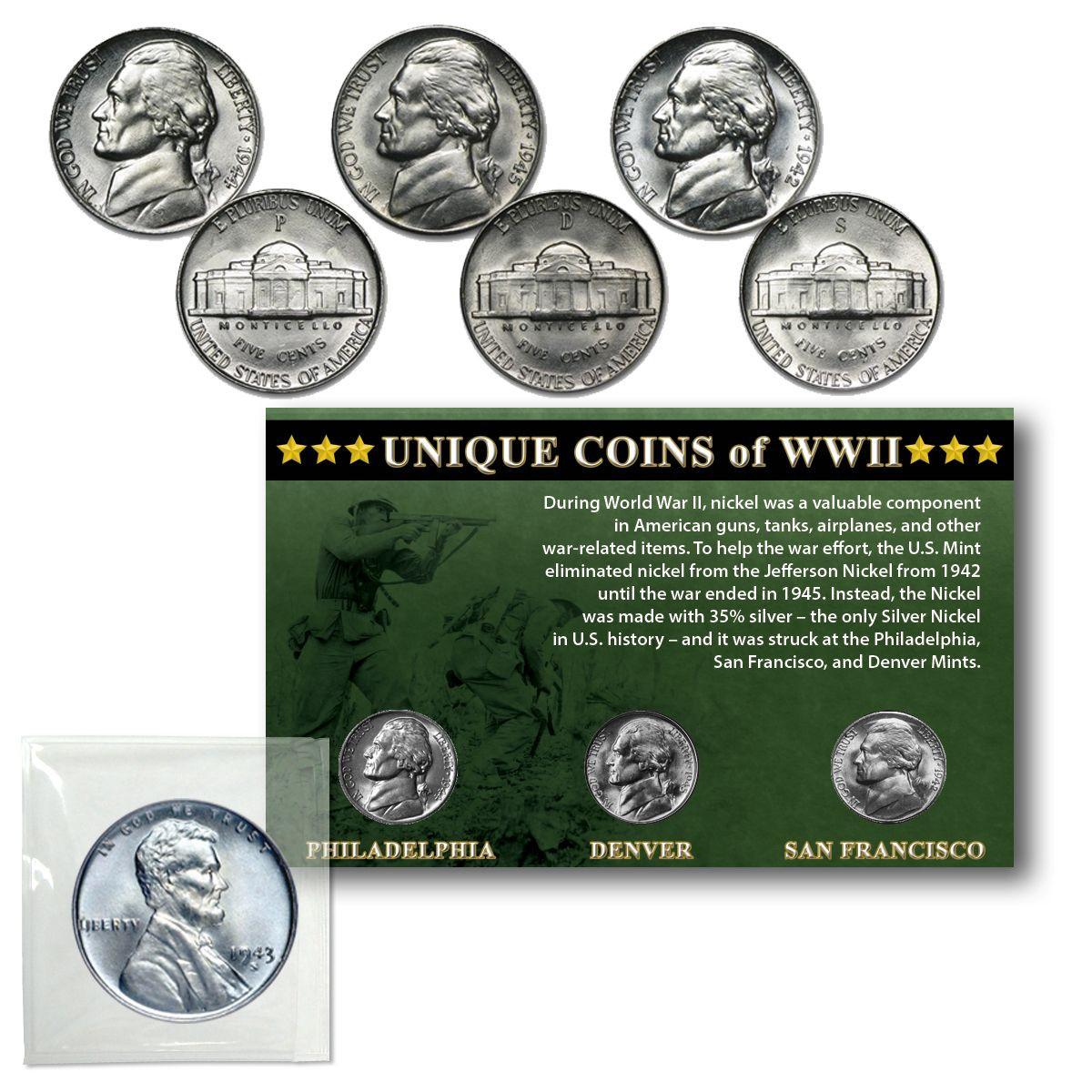 1943-1945 P, D, S 35% Silver Nickel Set with Bonus 1943 Steel Cent - Unique Coins of World War II Questions & Answers