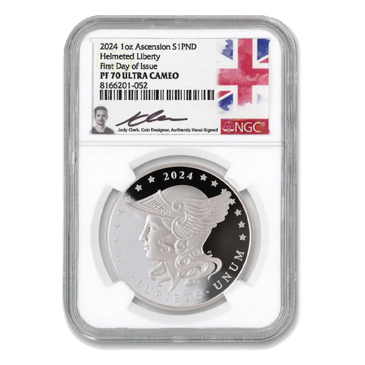 2024 Ascension Islands 1-oz Silver Helmeted Liberty Proof NGC PF70UC First Day of Issue w/Jody Clark-Signed Label Questions & Answers